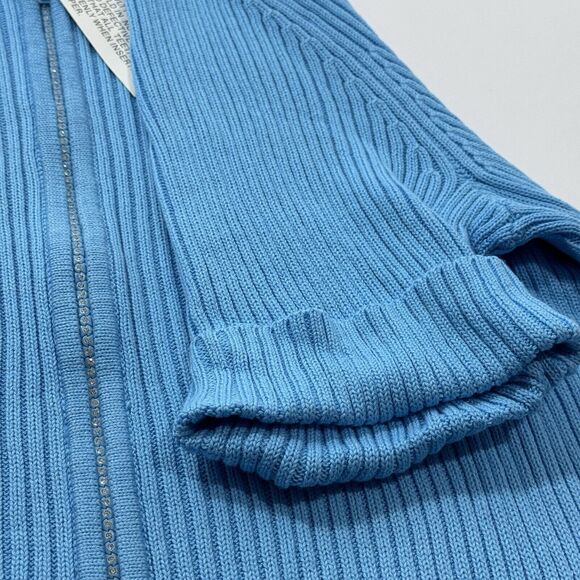 Woman's Quacker Factory Rhinestone Zipper Chunky-Knit Sky Blue Zip-up Polo Shirt - Picture 4 of 7